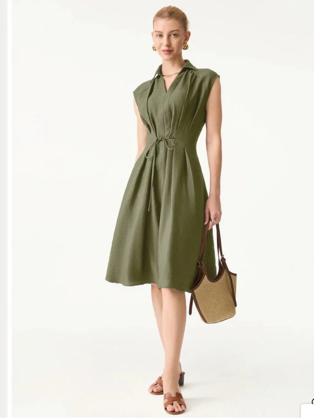 OGL Viscose-Linen Collared V-neck Midi Dress with Drawstring - Picture 2 of 5